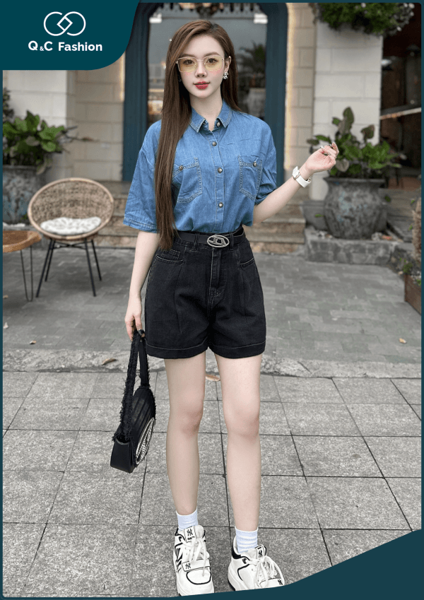 Quần short jeans nữ cạp thường lơ vê gấu - Q&C fashion
