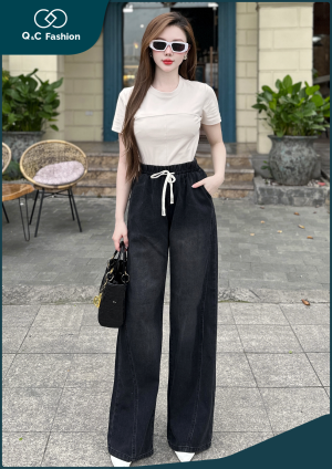 Quần Jeans Nữ Ống Suông Cạp Chun Lưng Chun - Q&C Fashion