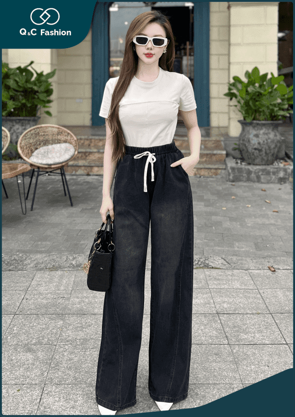 Quần Jeans Nữ Ống Suông Cạp Chun Lưng Chun - Q&C Fashion