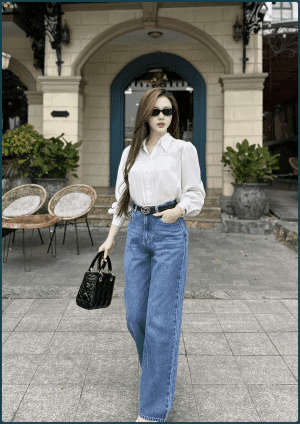 Quần Jeans Nữ Ống Suông Cạp Thường - Q&C Fashion 9 Sơ mi trắng + quần jeans xanh cổ điển