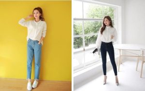 Sơ mi trắng + quần jeans xanh cổ điển - Cách Phối Đồ Với Áo Sơ Mi Trắng Nữ