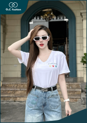 Áo Thun Nữ Cộc Tay Cổ Tim In Hình Trước - Q&C fashion