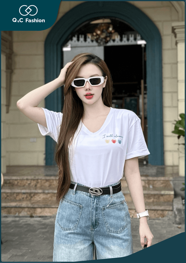 Áo Thun Nữ Cộc Tay Cổ Tim In Hình Trước - Q&C fashion