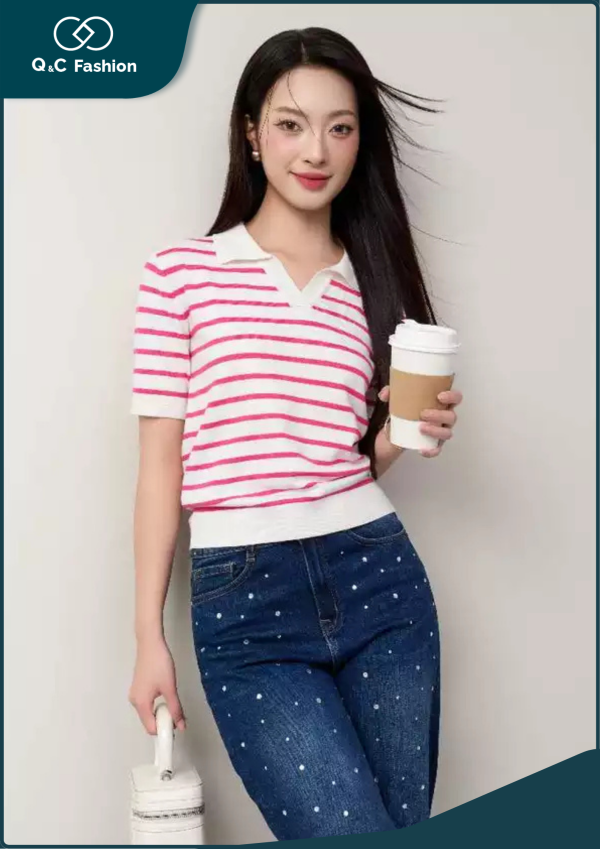 Áo Polo Nữ Cổ V Kẻ Ngang Cộc Tay - Q&C fashion