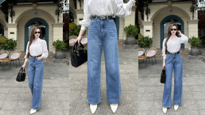 Sơ mi trắng + quần jeans xanh cổ điển - Cách Phối Đồ Với Áo Sơ Mi Trắng Nữ
