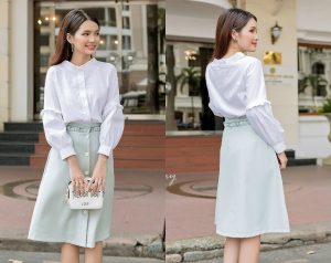 Sơ mi trắng + chân váy midi - Cách Phối Đồ Với Áo Sơ Mi Trắng Nữ