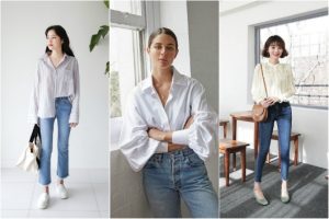 Sơ mi trắng oversize + quần jeans skinny - Cách Phối Đồ Với Áo Sơ Mi Trắng Nữ