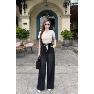 Quần Jeans Nữ Ống Suông Cạp Chun Lưng Chun - Q&C Fashion