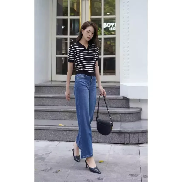 Áo Polo Nữ Cổ V Kẻ Ngang Cộc Tay - Q&C fashion - Hình ảnh 5