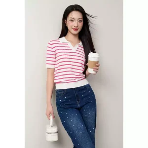 Áo Polo Nữ Cổ V Kẻ Ngang Cộc Tay - Q&C fashion