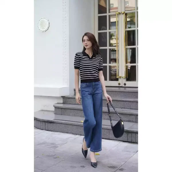 Áo Polo Nữ Cổ V Kẻ Ngang Cộc Tay - Q&C fashion - Hình ảnh 4