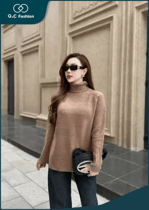 Áo Len Cổ Cao Nữ Dài Tay Giữ Ấm Form Rộng Basic Mềm Mịn
