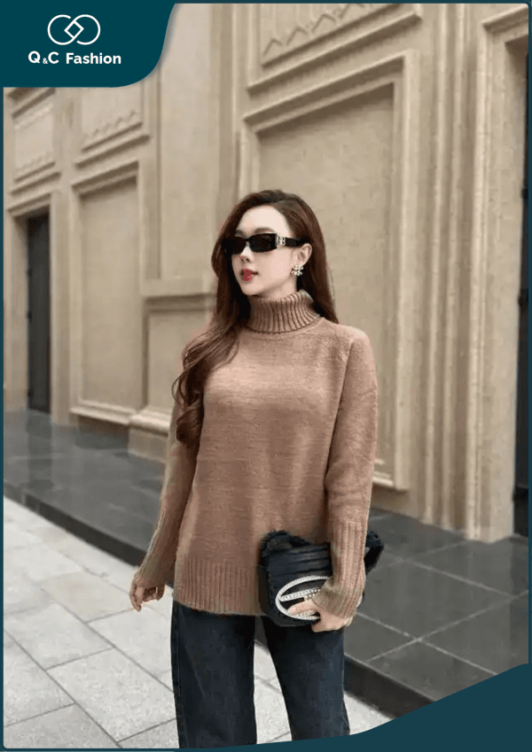 Áo Len Cổ Cao Nữ Dài Tay Giữ Ấm Form Rộng Basic Mềm Mịn